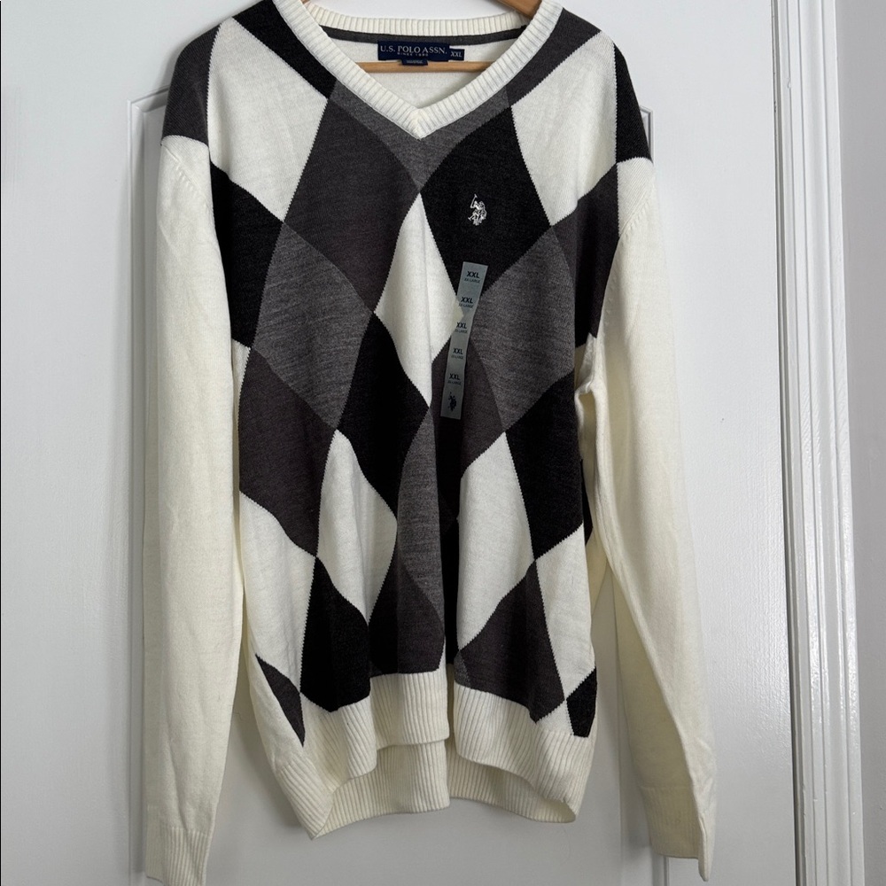 U.S. Polo ASSN V-Neck Argyle Sweater - Black, Gray, and White Mens Size XXL-NEW